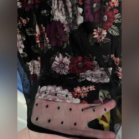 Torrid Black and Floral babydoll top with polka dot mesh overlay - plus size 1 - Picture 2 of 6